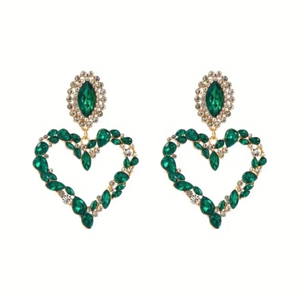 Large Green & Clear Rhinestone Heart Hoop Earrings
